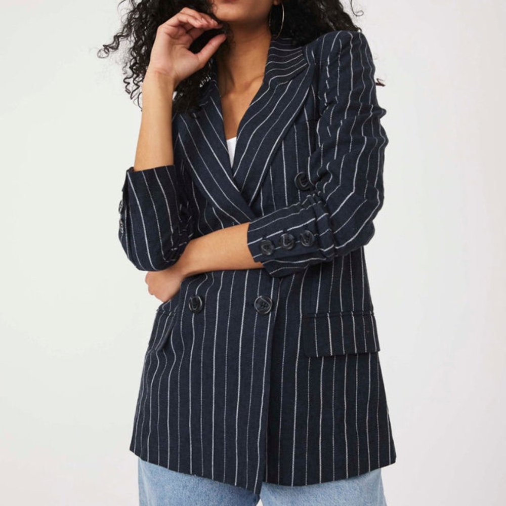 Free People Ashby Striped Pinstripe Blazer sz S NWT navy white